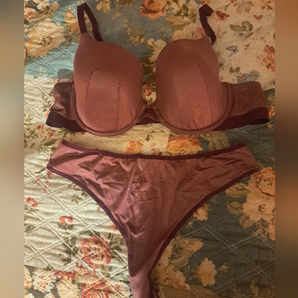 Savage X Fenty Bra & Panty Set in Metallic Maroon.